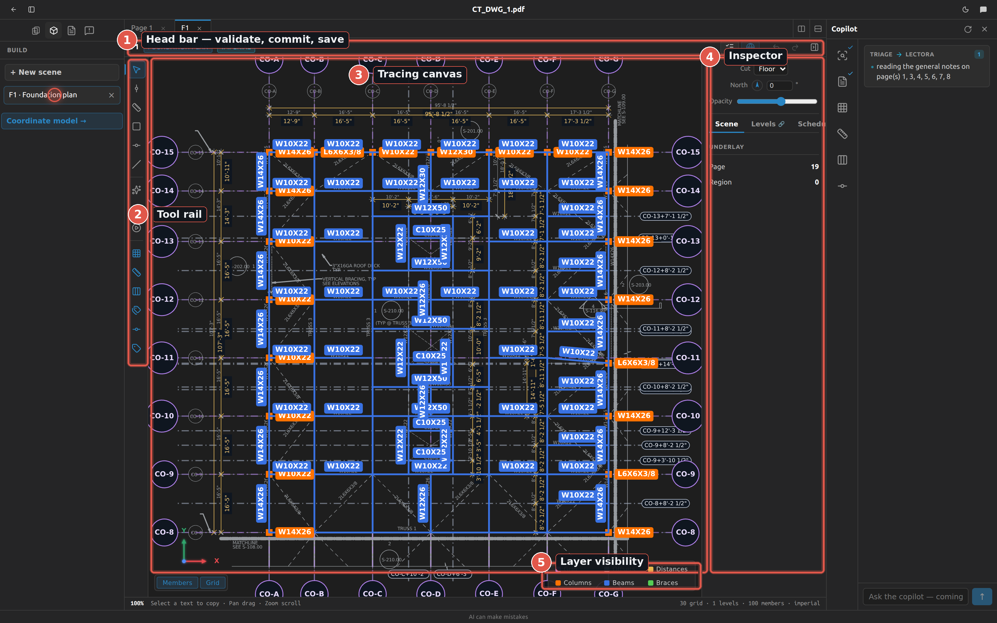 The scene editor: tool rail, canvas underlay and inspector