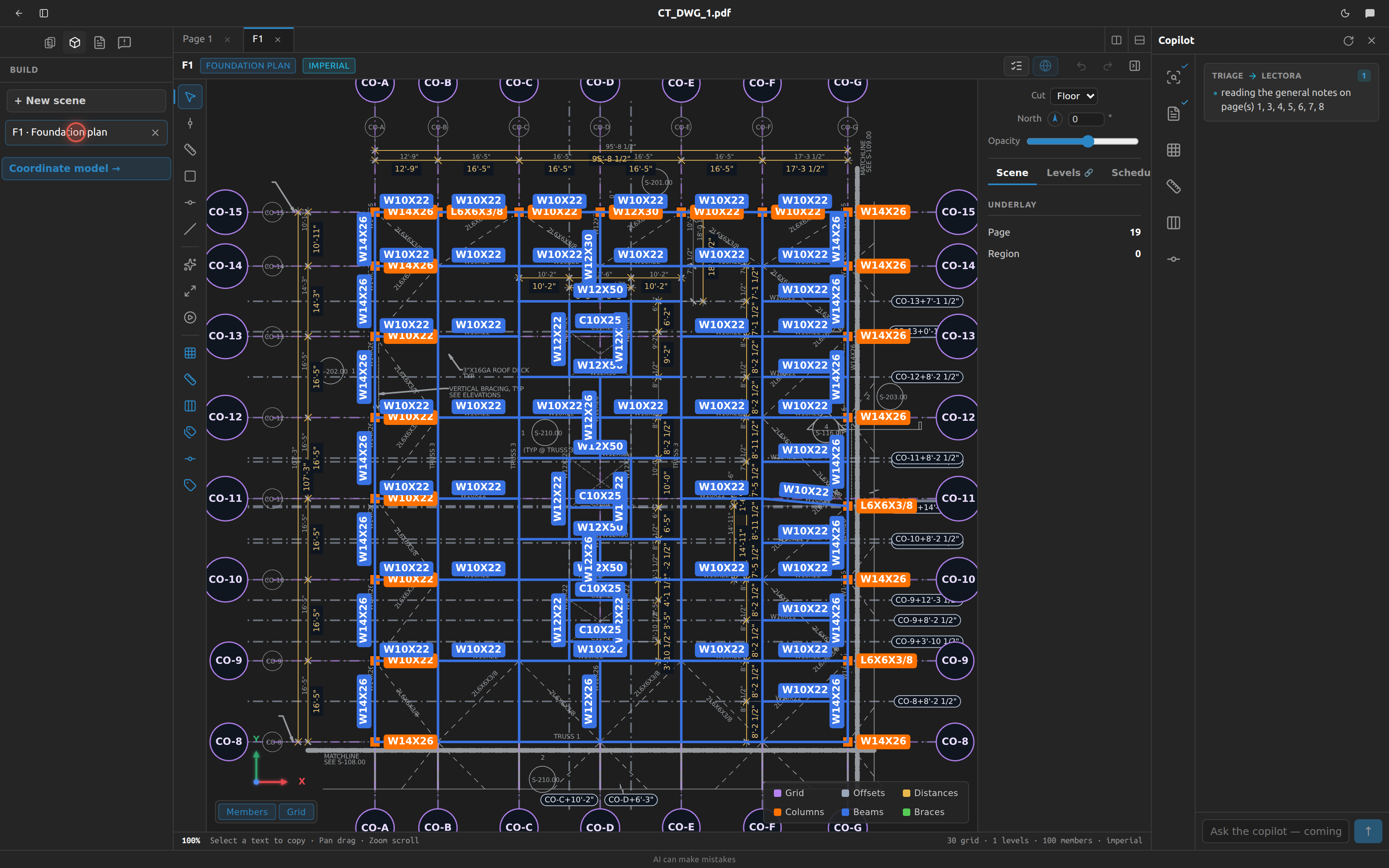 Scene editor — trace grids, columns and beams over the drawing